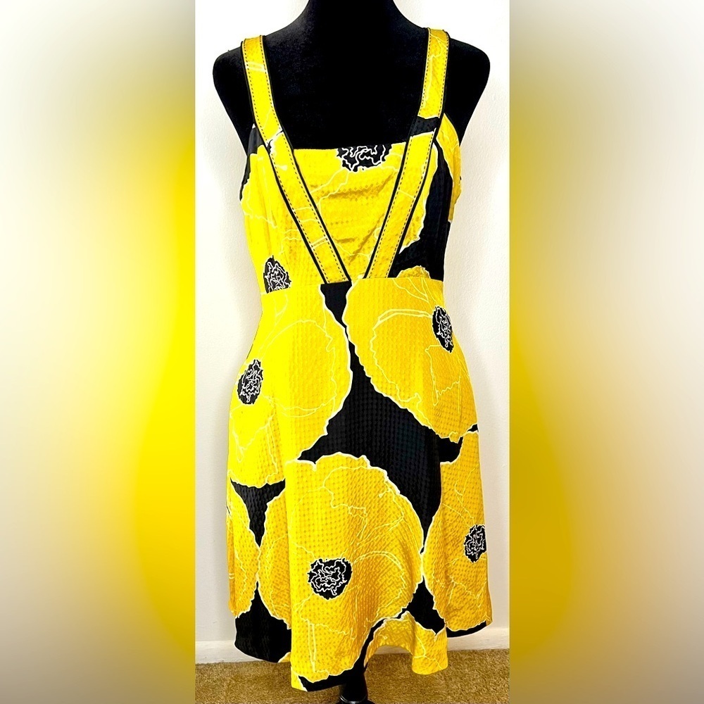 Anthropologie moulinette soeurs 100% silk black yellow chic floral sundress 2